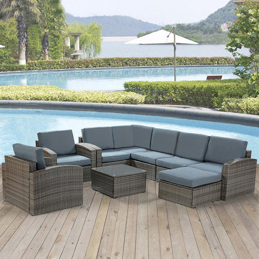 Brown Faux Rattan and Slate Blue Outdoor Sectional Sofa and Table Set - AFS