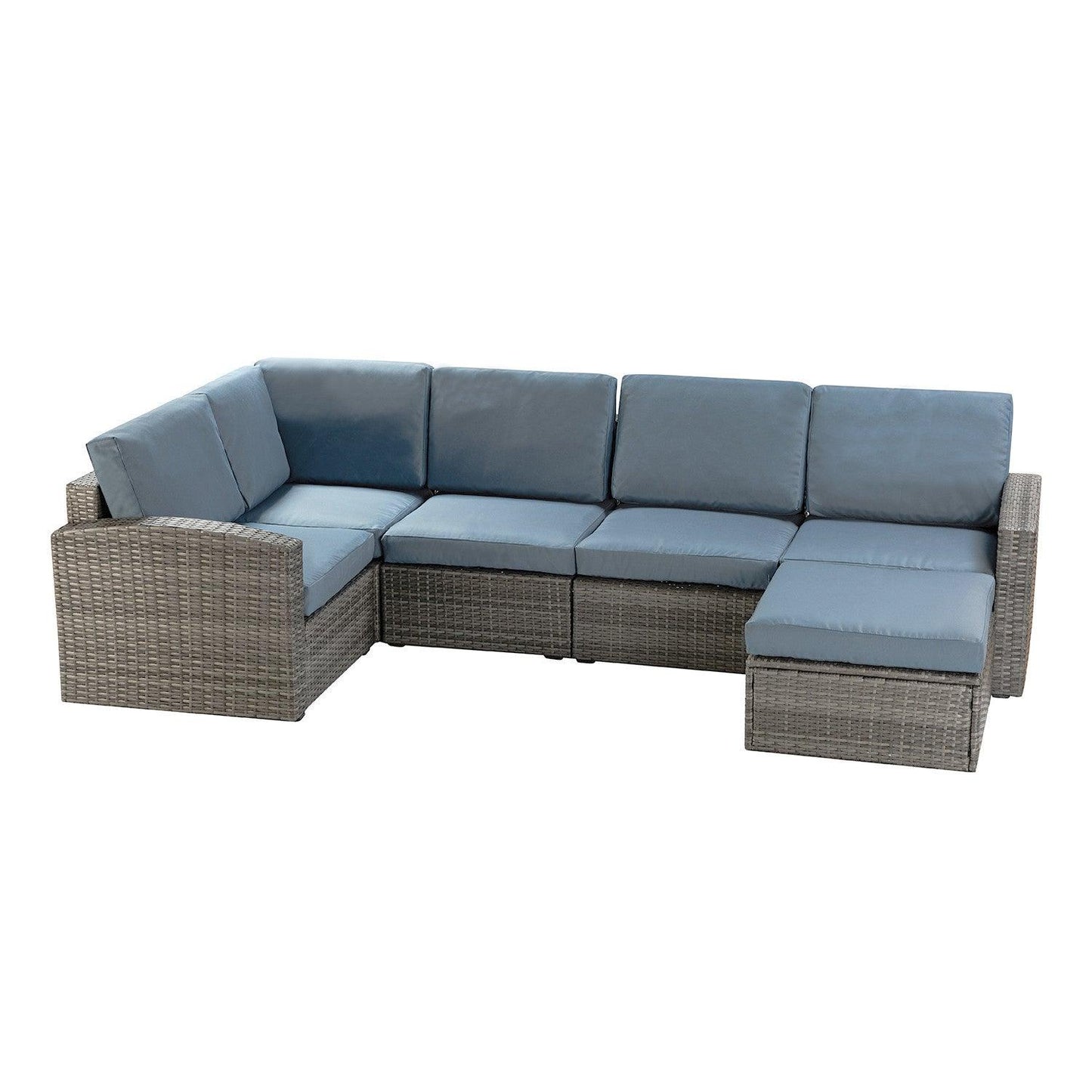 Brown Faux Rattan and Slate Blue Outdoor Sectional Sofa and Table Set - AFS