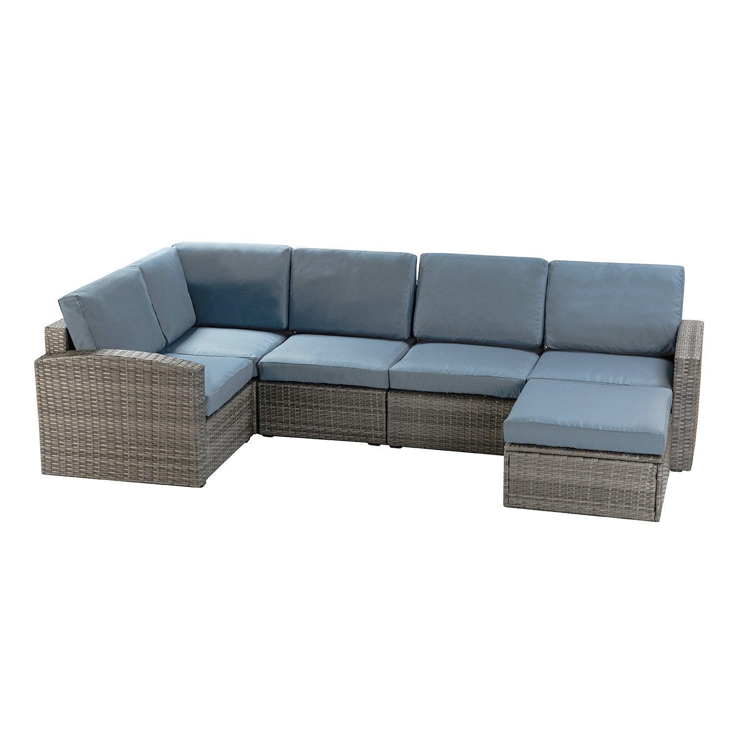 Brown Faux Rattan and Slate Blue Outdoor Sectional Sofa and Table Set - AFS