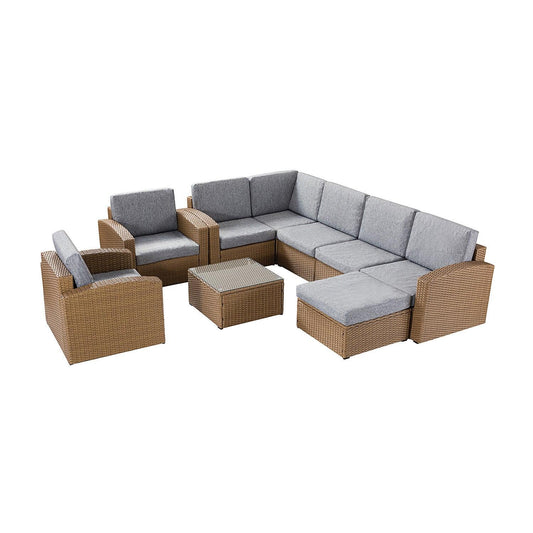 Natural Brown Faux Rattan and Gray Outdoor Sectional Sofa and Table Set - AFS