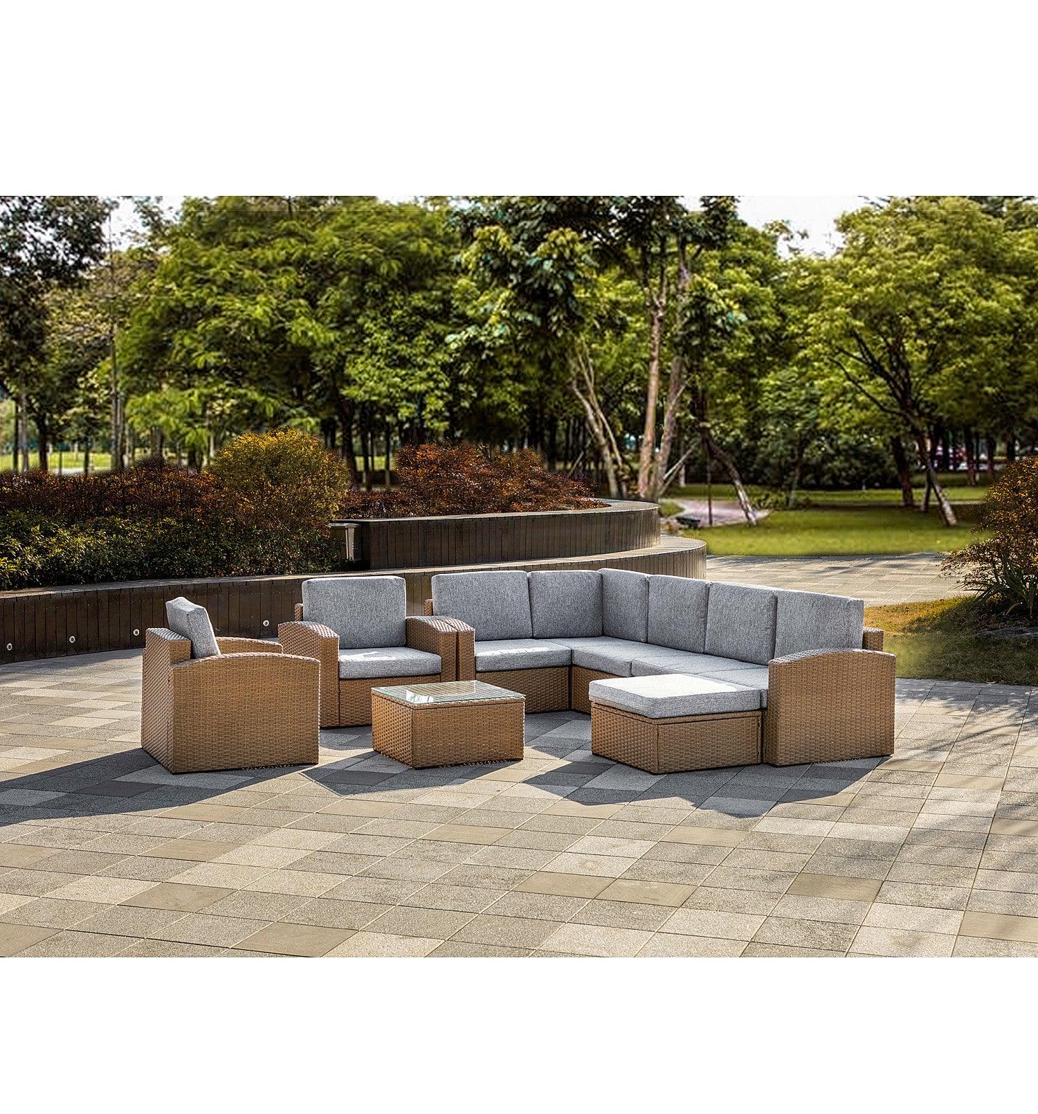 Natural Brown Faux Rattan and Gray Outdoor Sectional Sofa and Table Set - AFS