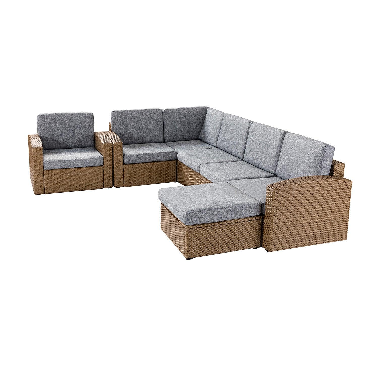 Natural Brown Faux Rattan and Gray Outdoor Sectional Sofa and Table Set - AFS