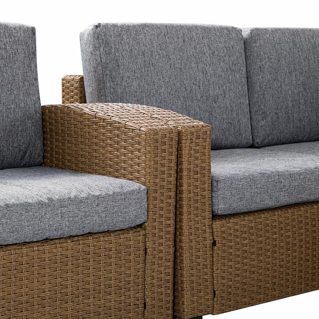 Natural Brown Faux Rattan and Gray Outdoor Sectional Sofa and Table Set - AFS