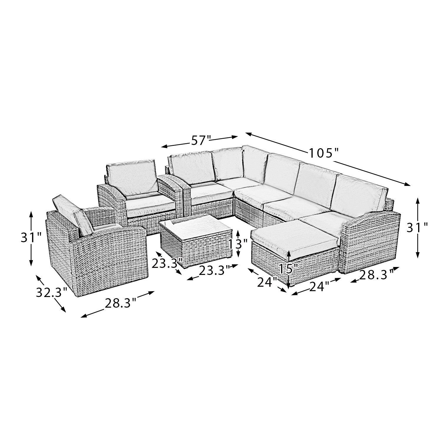 Natural Brown Faux Rattan and Gray Outdoor Sectional Sofa and Table Set - AFS