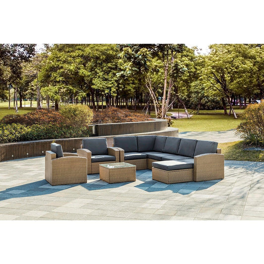 Natural Brown Faux Rattan and Charcoal Outdoor Sectional Sofa and Table Set - AFS