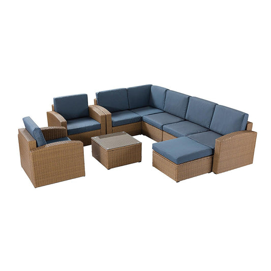 Natural Brown Faux Rattan and Slate Blue Outdoor Sectional Sofa and Table Set - AFS