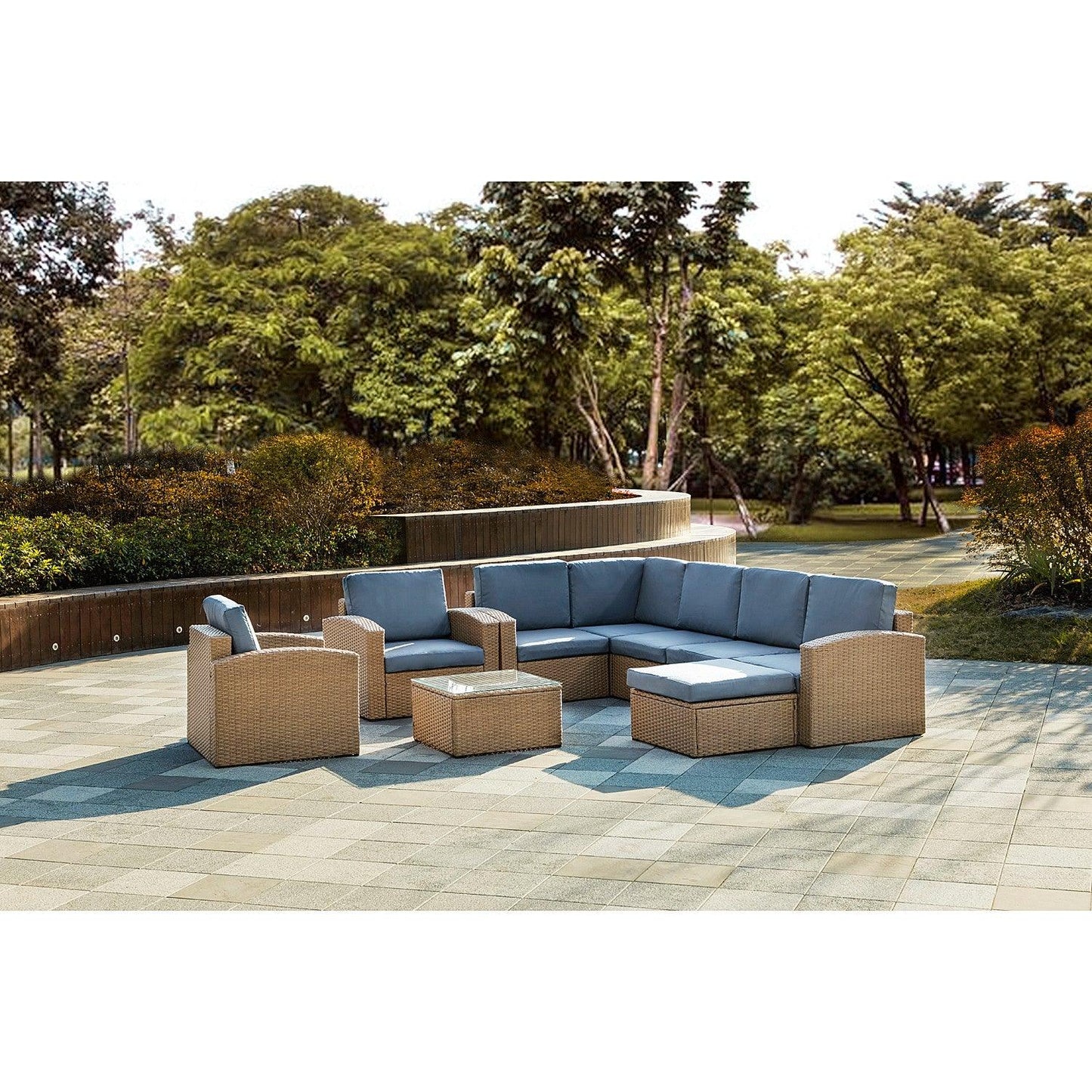 Natural Brown Faux Rattan and Slate Blue Outdoor Sectional Sofa and Table Set - AFS