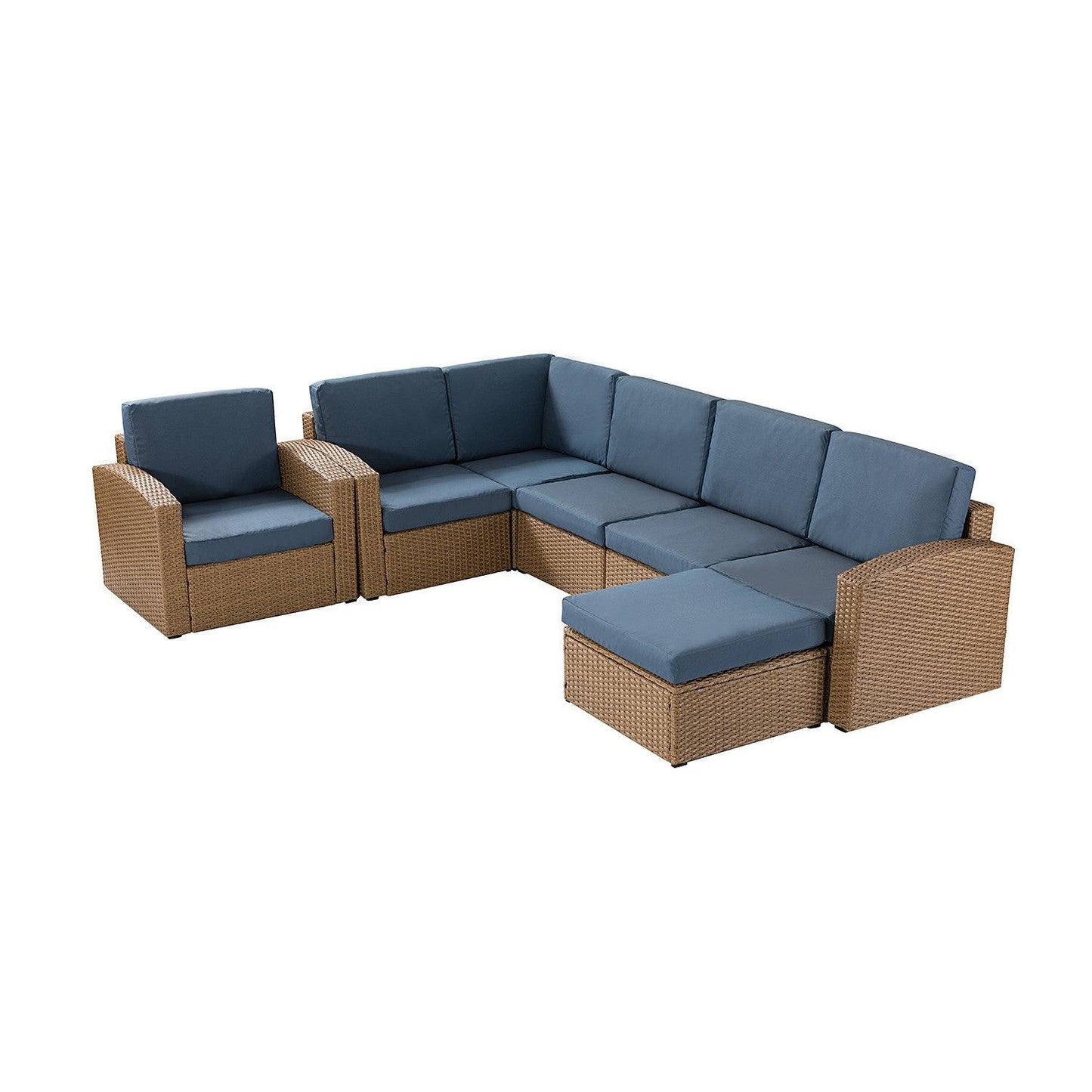 Natural Brown Faux Rattan and Slate Blue Outdoor Sectional Sofa and Table Set - AFS