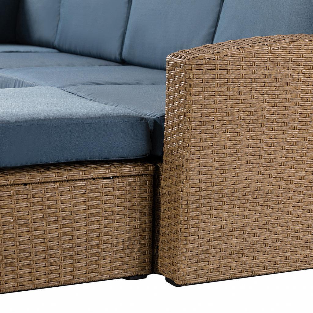 Natural Brown Faux Rattan and Slate Blue Outdoor Sectional Sofa and Table Set - AFS