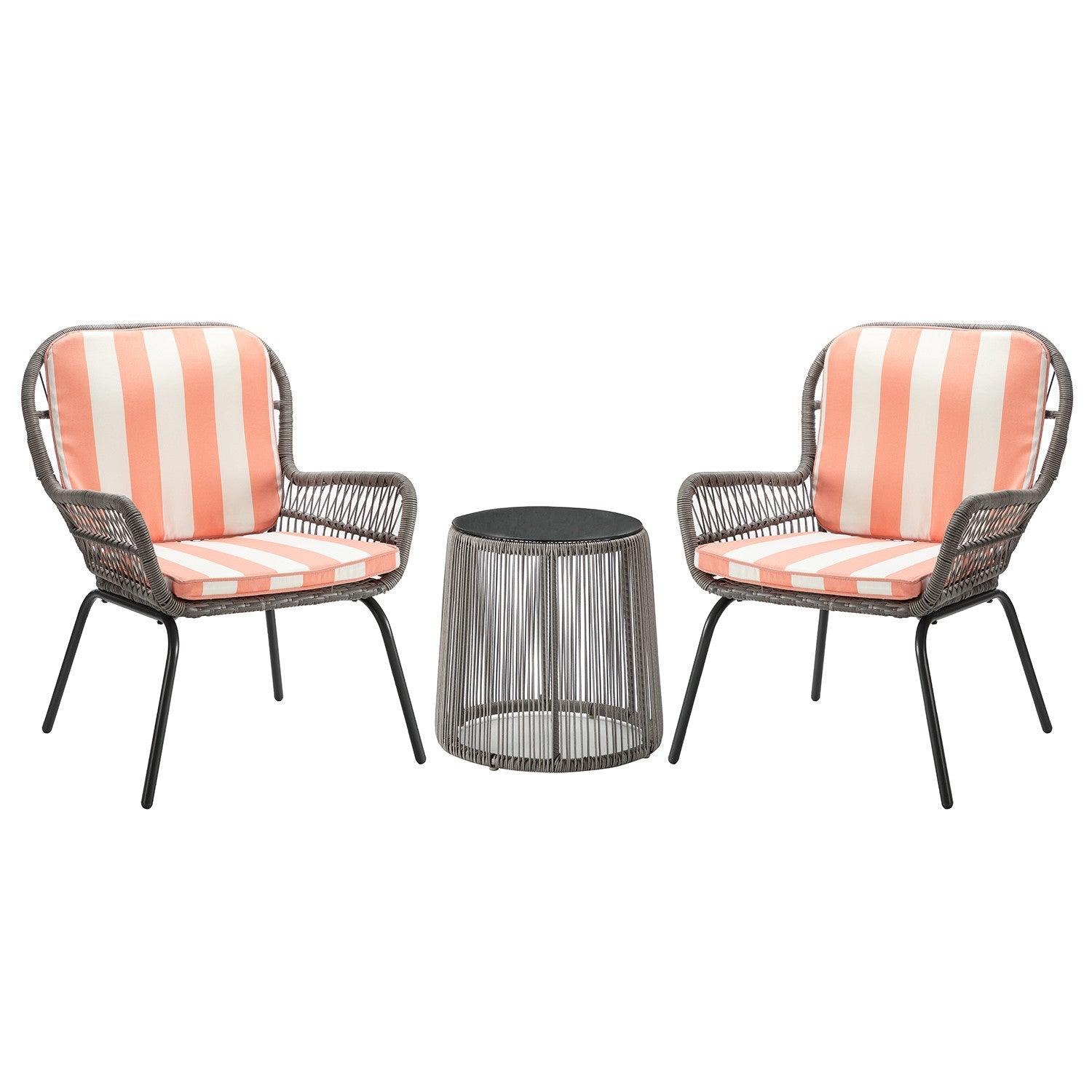 Gray Faux Rattan and Creamsicle Stripe Outdoor Chair and Table Set - AFS