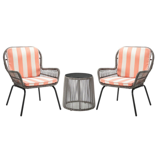 Gray Faux Rattan and Creamsicle Stripe Outdoor Chair and Table Set - AFS