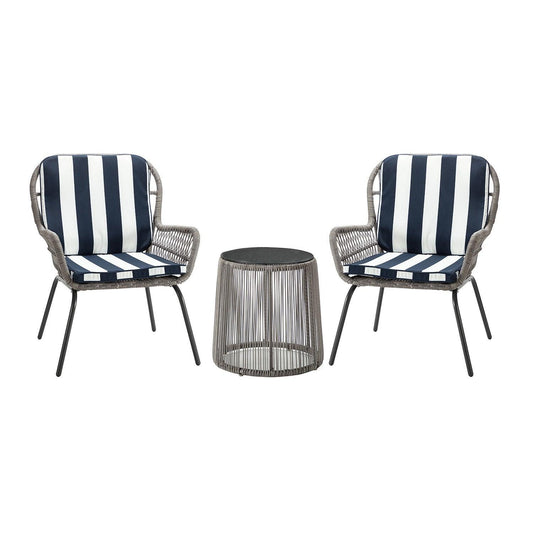 Gray Faux Rattan and Navy Stripe Outdoor Chair and Table Set - AFS