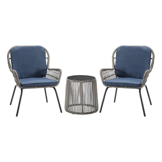 Gray Faux Rattan and Slate Blue Outdoor Chair and Table Set - AFS