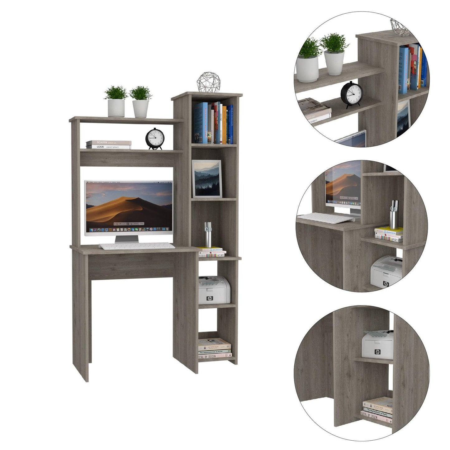 Modern Light Gray Office Desk with Storage Cabinet - AFS