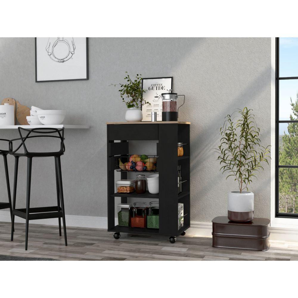 Sleek Black and Light Oak Portable Kitchen Cart - AFS