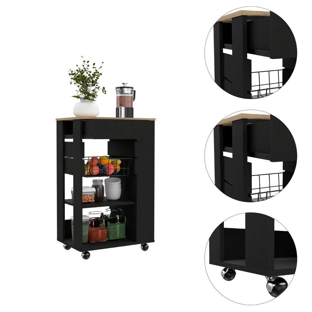 Sleek Black and Light Oak Portable Kitchen Cart - AFS