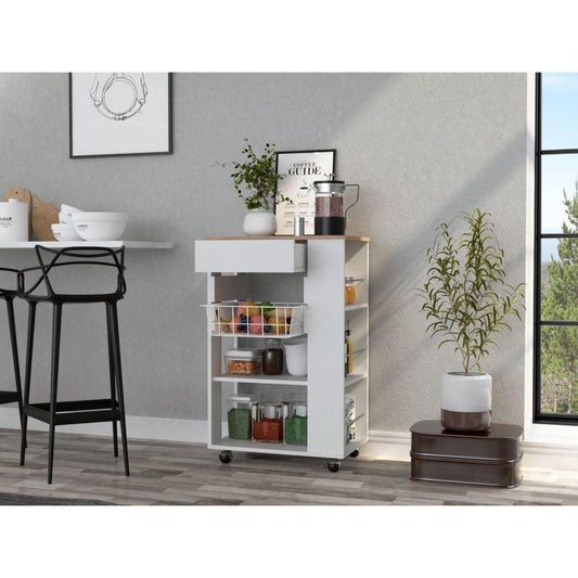 Sleek White and Light Oak Portable Kitchen Cart - AFS