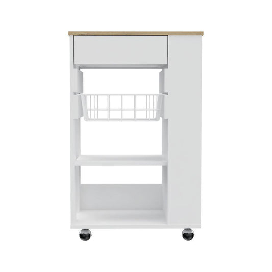 Sleek White and Light Oak Portable Kitchen Cart - AFS