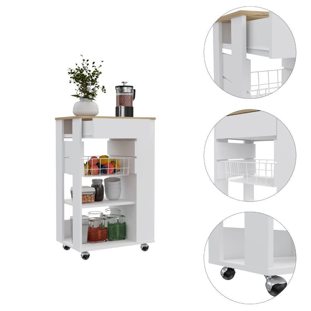 Sleek White and Light Oak Portable Kitchen Cart - AFS