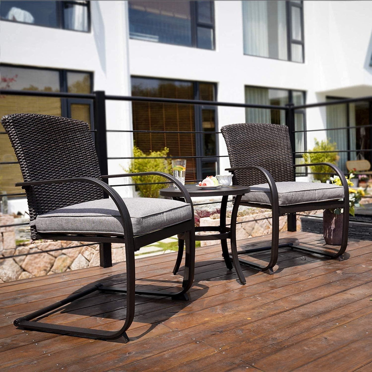 3 Piece Outdoor Patio Furniture Set Bistro Set 2 Wicker Chairs with Cushion and Coffee Table