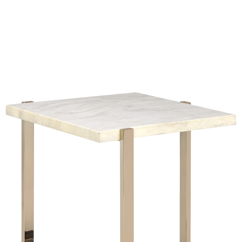 Modern Style Marbleized Wooden End Table With Tubular Metal Frame, Gold And White