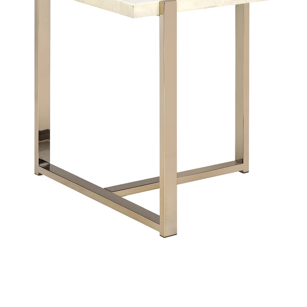 Modern Style Marbleized Wooden End Table With Tubular Metal Frame, Gold And White