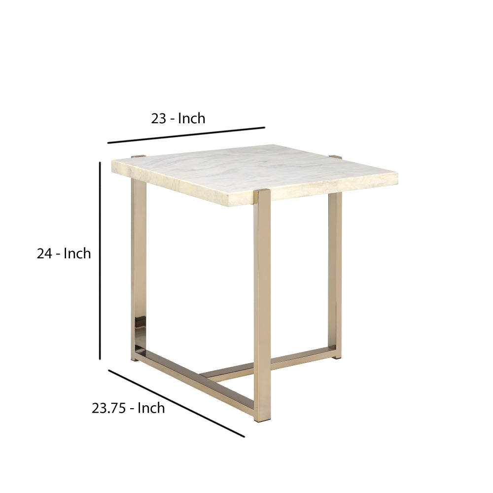 Modern Style Marbleized Wooden End Table With Tubular Metal Frame, Gold And White