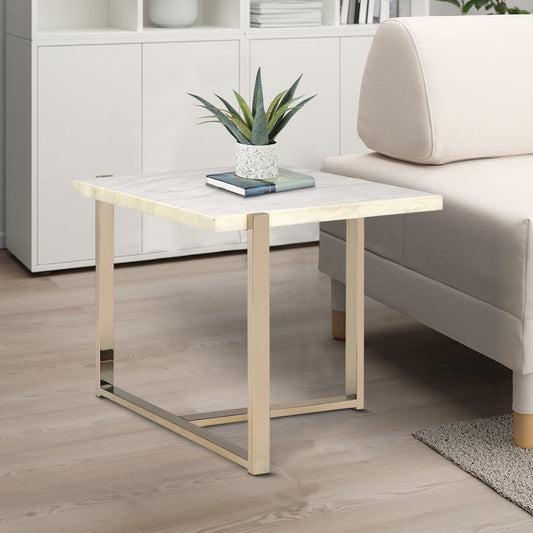 Modern Style Marbleized Wooden End Table With Tubular Metal Frame, Gold And White