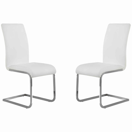 Metal Cantilever Base Leatherette Dining Chair, Set Of 2, White And Silver