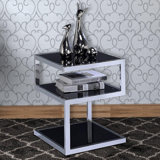 End Table, Black Glass & Chrome - AFS