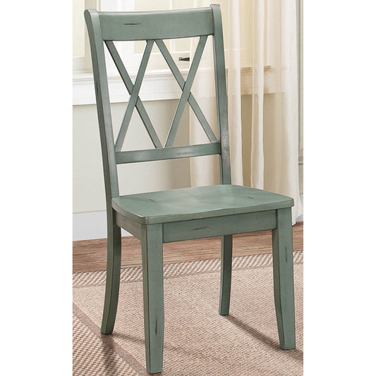 Pine Veneer Side Chair With Double X-Cross Back, Teal Blue, Set Of 2