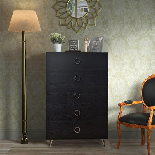 Five Drawers Wooden Chest In Contemporary Style, Black, 47.3 H x 16.7 W x 31.5 L Inches - AFS