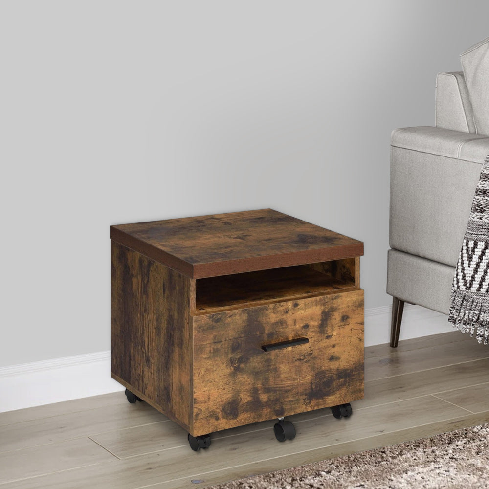 Wooden File Cabinet With Open Compartment And Drawer, Oak Brown And Black