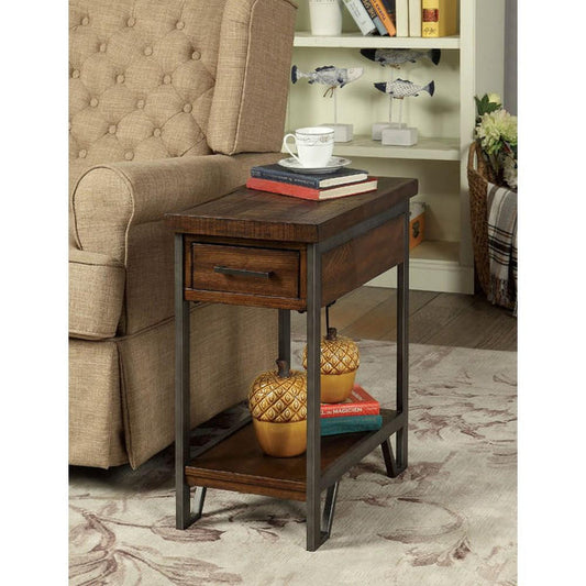 Rectangular Wood And Metal Side Table With USB Outlet, Brown And Gray
