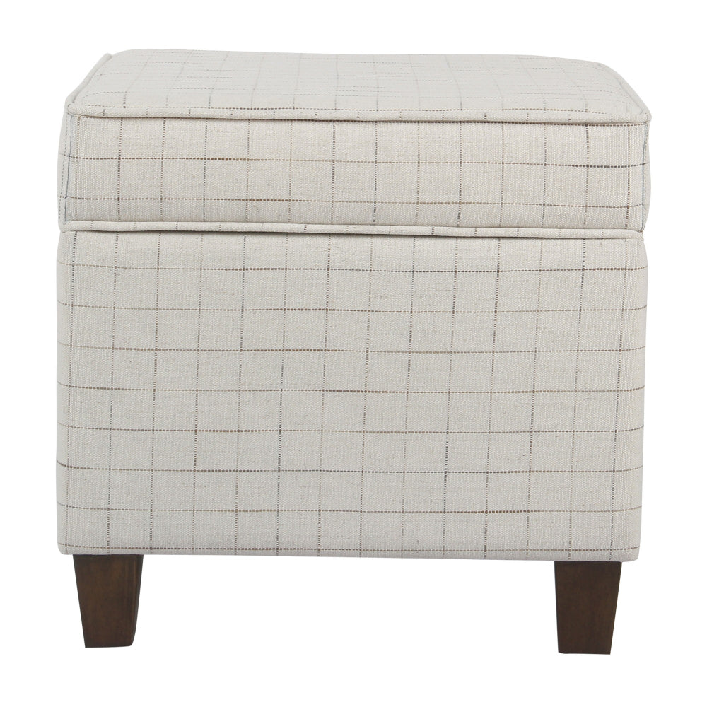 Wooden Square Ottoman With Grid Patterned Fabric Upholstery And Hidden Storage, Beige And Brown