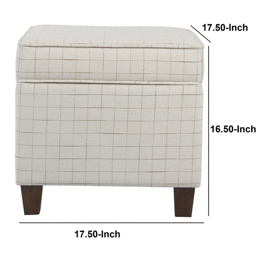 Wooden Square Ottoman With Grid Patterned Fabric Upholstery And Hidden Storage, Beige And Brown