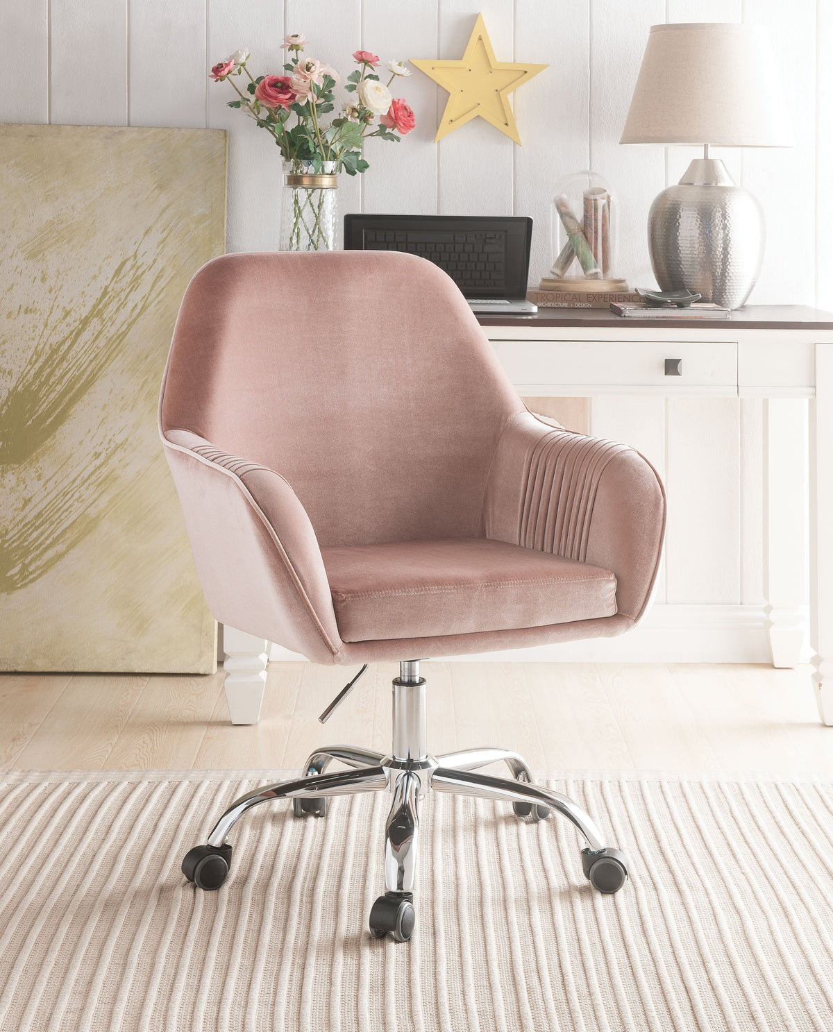 Adjustable Velvet Upholstered Swivel Office Chair With Slopped Armrests, Pink And Silver