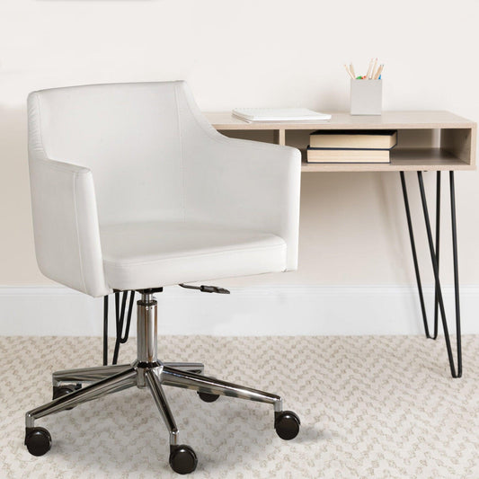 Faux Leather Upholster Metal Swivel Chair with Low Profile Back, White and Silver - BM194853 - AFS