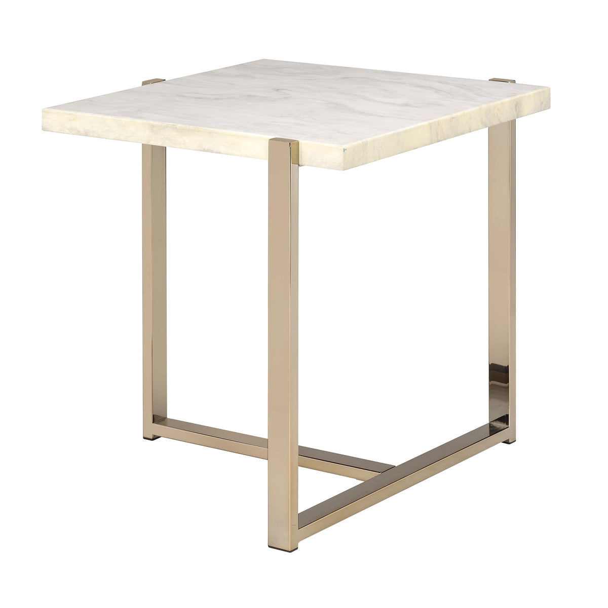 Modern Style Marbleized Wooden End Table With Tubular Metal Frame, Gold And White