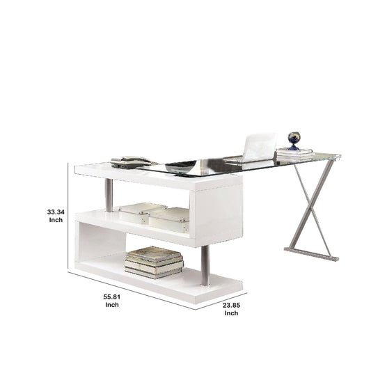 Movable Glass Top Desk with X Shaped Side Panel in White and Clear - BM206214 - AFS