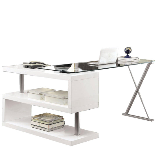 Movable Glass Top Desk with X Shaped Side Panel in White and Clear - BM206214 - AFS
