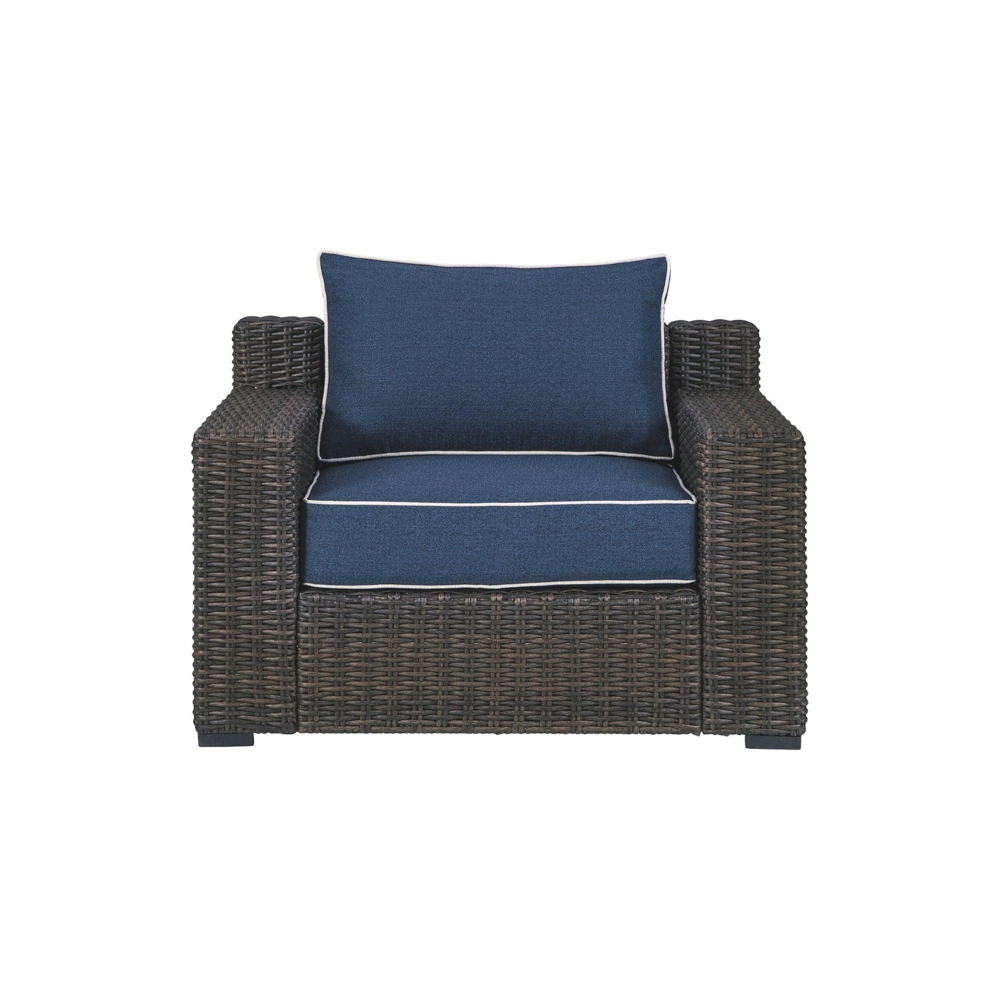 Resin Wicker Woven Lounge Chair with Track Armrests in Blue and Brown - AFS