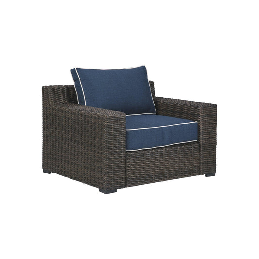 Resin Wicker Woven Lounge Chair with Track Armrests in Blue and Brown - AFS