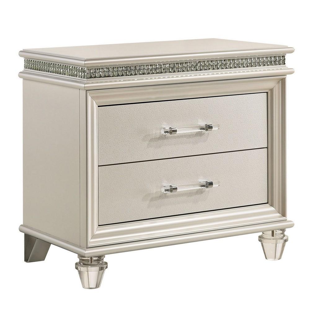 2 Drawer Nightstand With Acrylic Feet And Crystal Accents, Silver