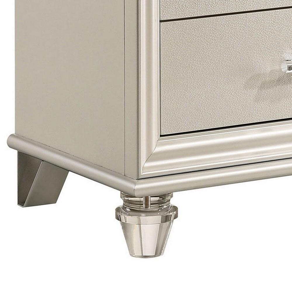 2 Drawer Nightstand With Acrylic Feet And Crystal Accents, Silver