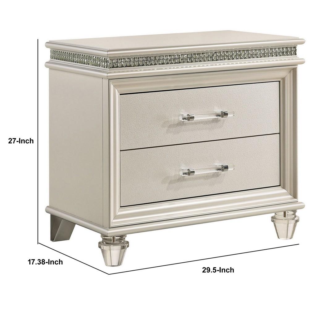 2 Drawer Nightstand With Acrylic Feet And Crystal Accents, Silver