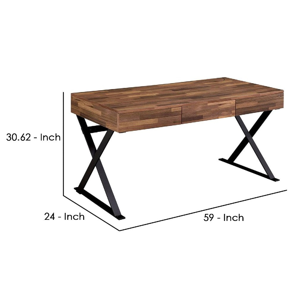 Industrial 3 Drawer Writing Desk With X Legs, Brown And Black