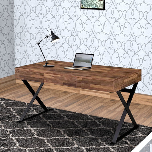 Industrial 3 Drawer Writing Desk With X Legs, Brown And Black