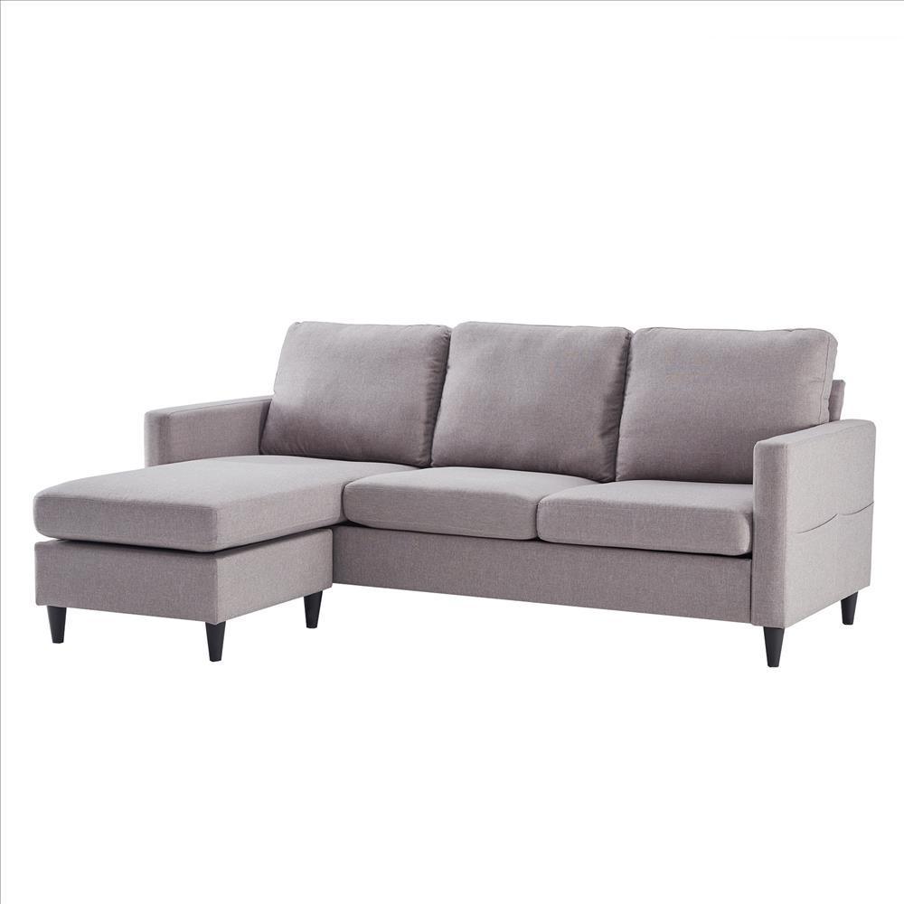 Reversible Sectional Sofa with Fabric Upholstery and Side Pockets, Gray - AFS