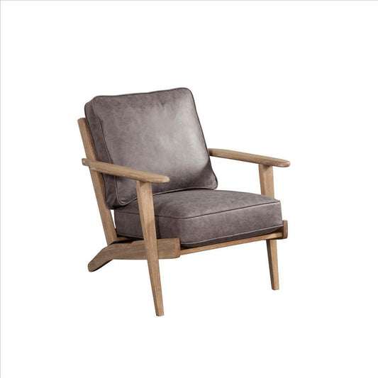 Lounge Chair with Leatherette Seat and Wooden Frame, Gray - AFS